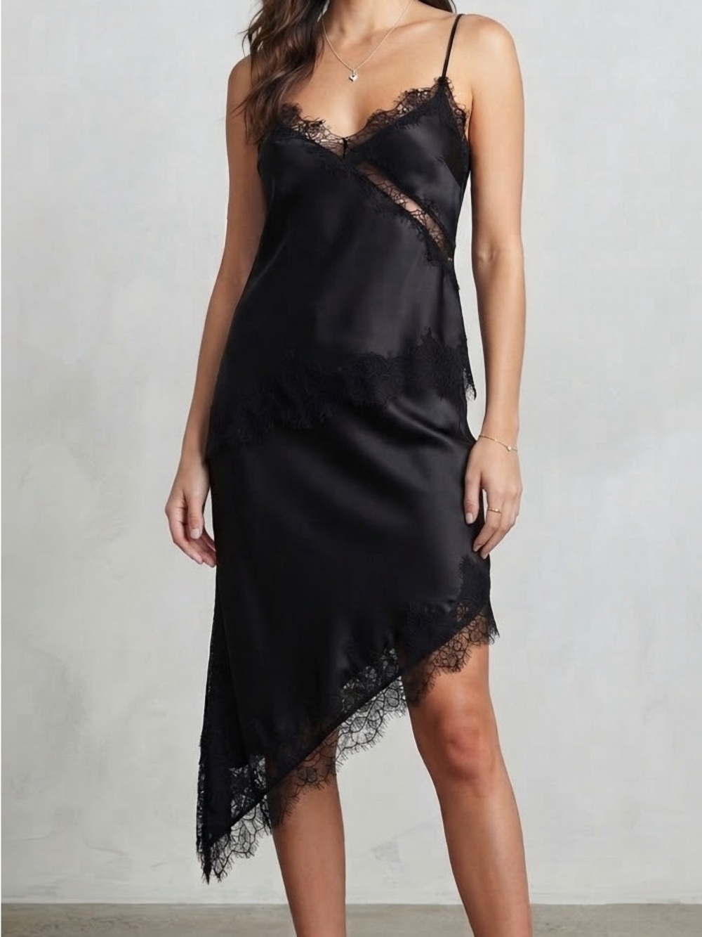 Black Satin Asymmetrical Lace Trim Top and Skirt set